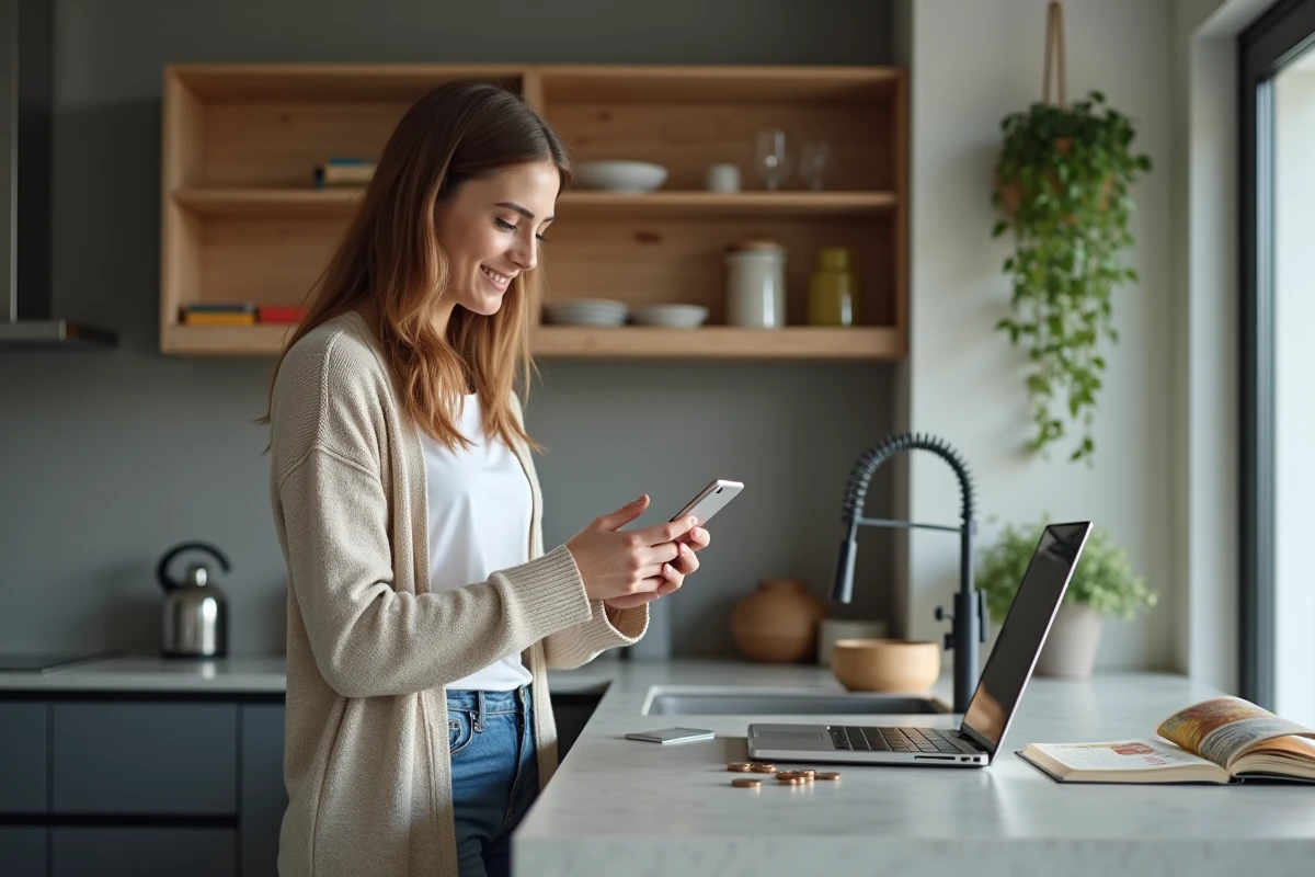 Jeune femme utilise son smartphone pour transférer des fonds