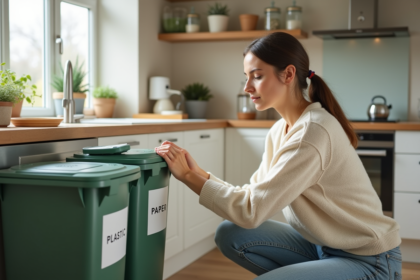 Jeune femme trie les déchets dans la cuisine lumineuse