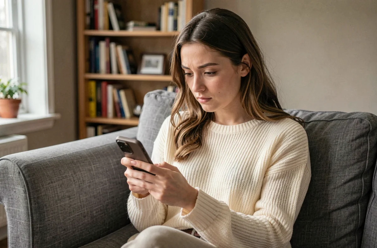 Femme troublée regardant son téléphone avec une expression émotionnelle complexe dans un salon cosy, thème des signaux amoureux modernes