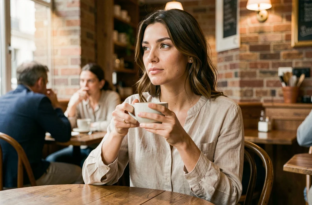 Femme pensive dans un café tenant une tasse de café, regard pensif évoquant des émotions intérieures et un trouble amoureux