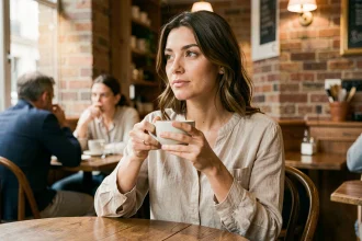 Femme pensive dans un café tenant une tasse de café, regard pensif évoquant des émotions intérieures et un trouble amoureux