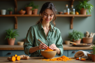 Femme en cuisine écrasant du curcuma frais avec un mortier