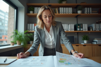 Femme en bureau municipal examinant des cartes urbaines