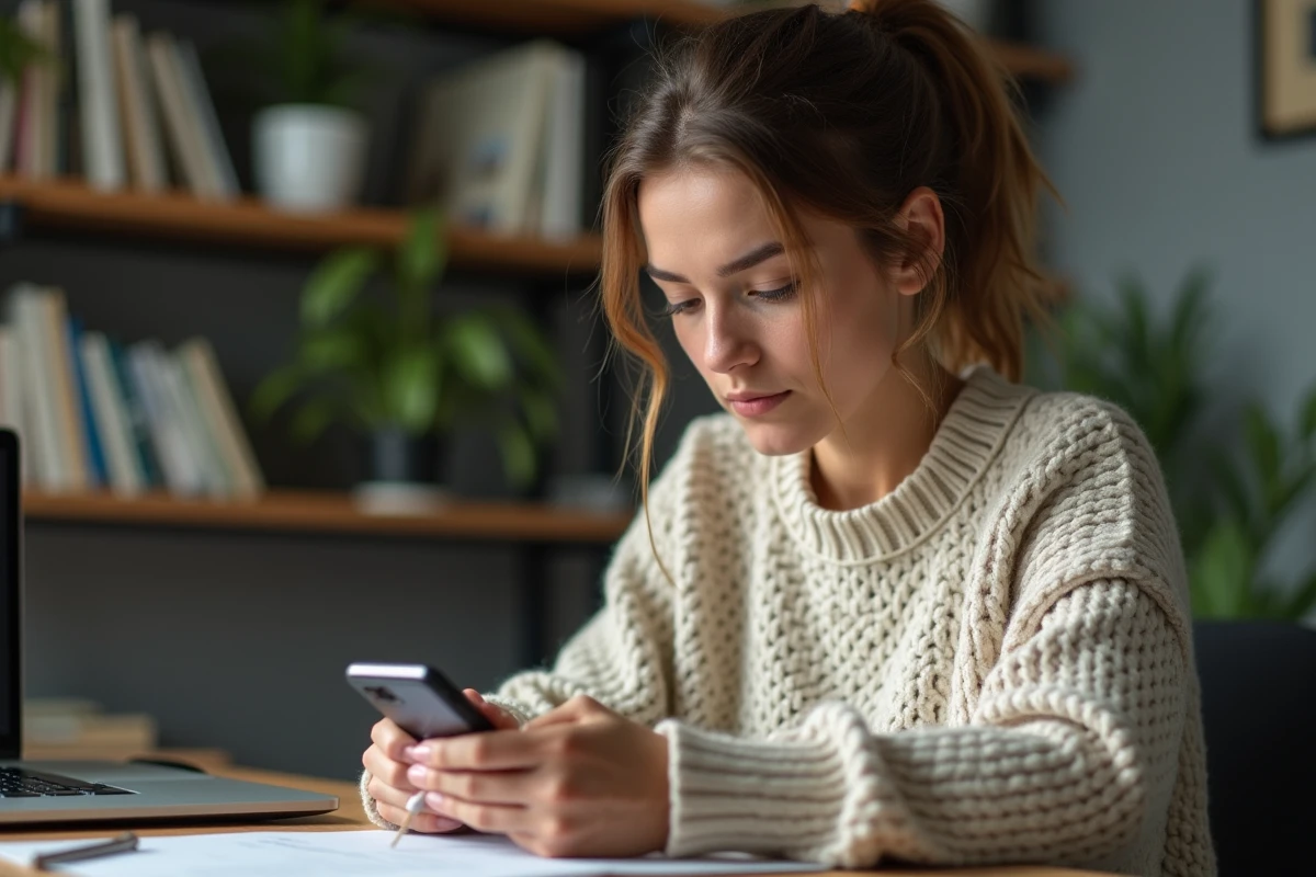 Jeune femme inspectant un ancien téléphone dans un bureau