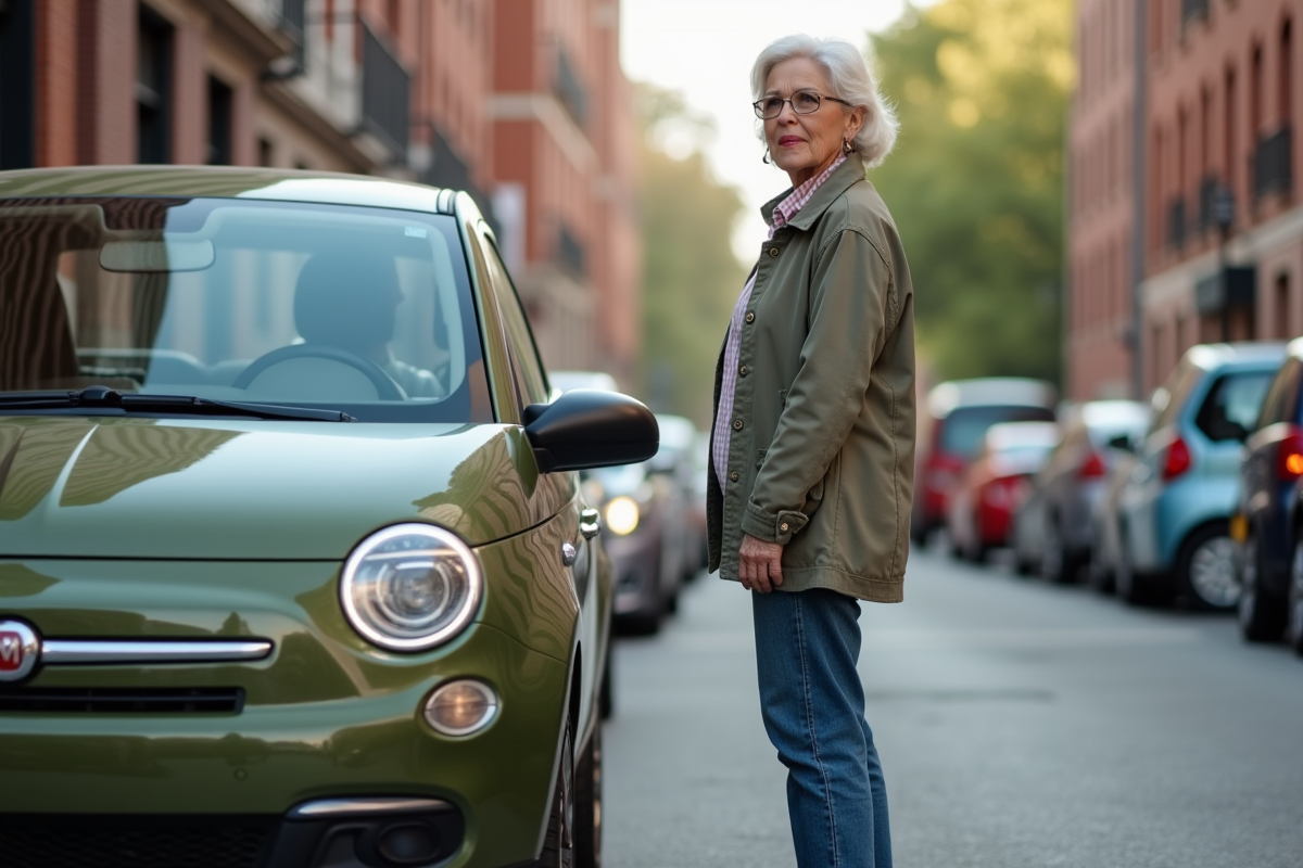 Femme examine une voiture compacte en ville