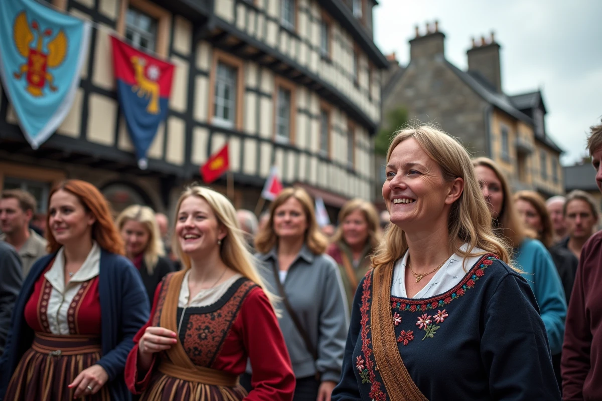Foule en costume traditionnel breton agitant des drapeaux Gwenn-ha-Du lors d'un festival culturel en Bretagne