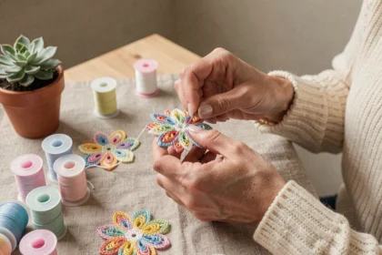 Femme terminant proprement une scoubidou fleur en rentrant les brins plastique avec une aiguille sur une table de bricolage en bois clair
