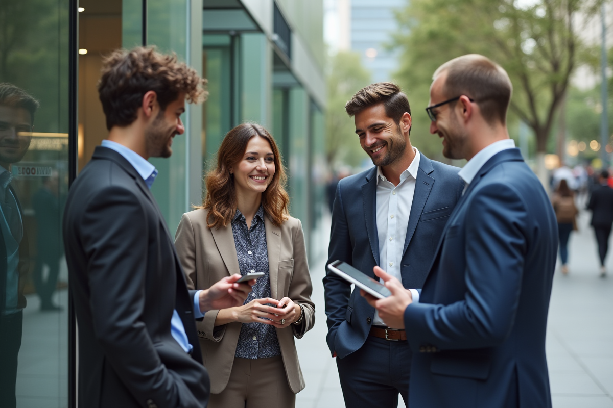 Groupe de professionnels fintech discutant devant un bâtiment moderne