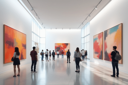 Intérieur d'une galerie d'art moderne avec peintures colorées et sculptures
