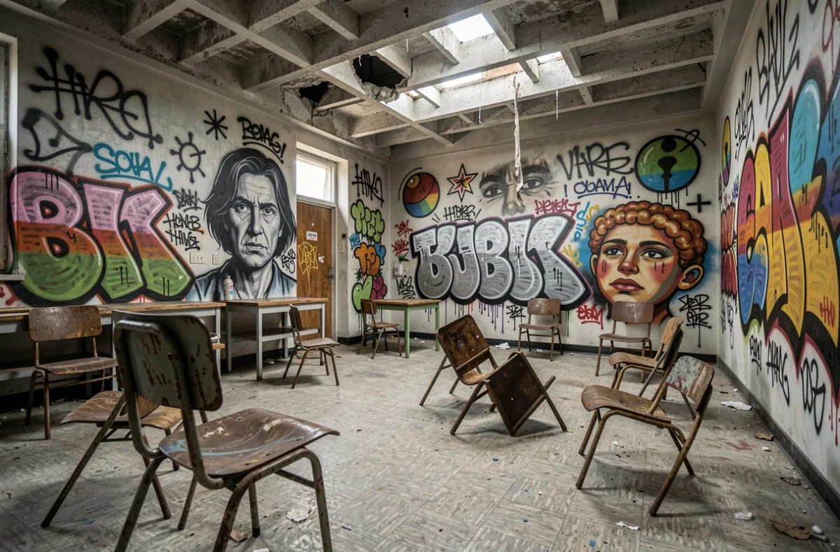 Graffitis colorés sur les murs d'une salle commune d'hôpital psychiatrique abandonné