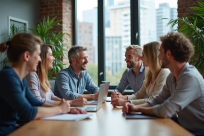 Groupe de collègues divers discutant dans un bureau moderne