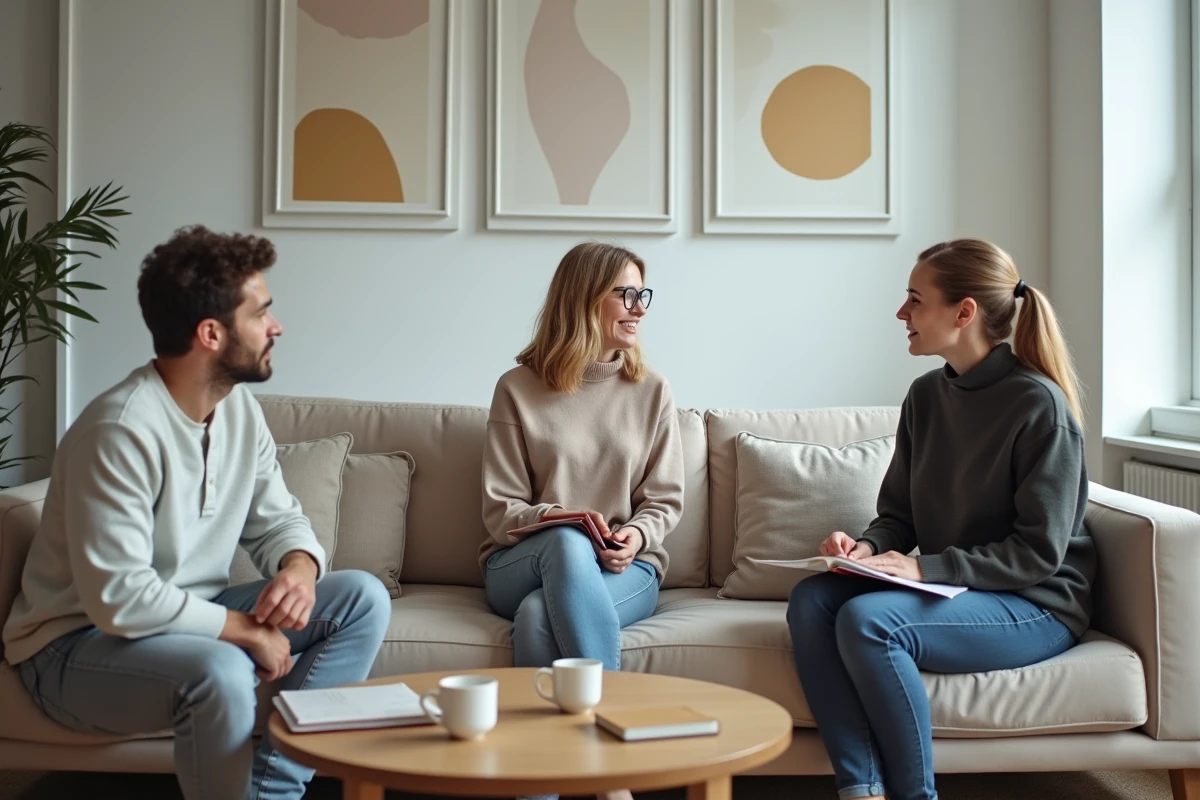 Groupe d'adultes en discussion ouverte dans un appartement moderne, représentant l'échange libre et bienveillant sur les relations