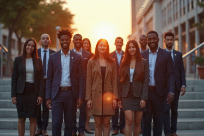 Groupe divers debout sur les marches au lever du soleil illustrant les inegalites sociales