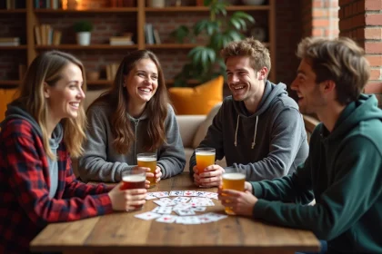 Groupe de jeunes adultes jouant au jeu de cartes Palmier autour d'une table en bois avec des boissons lors d'une soirée conviviale