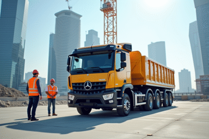 Nouveau camion grue sur un chantier urbain en journée