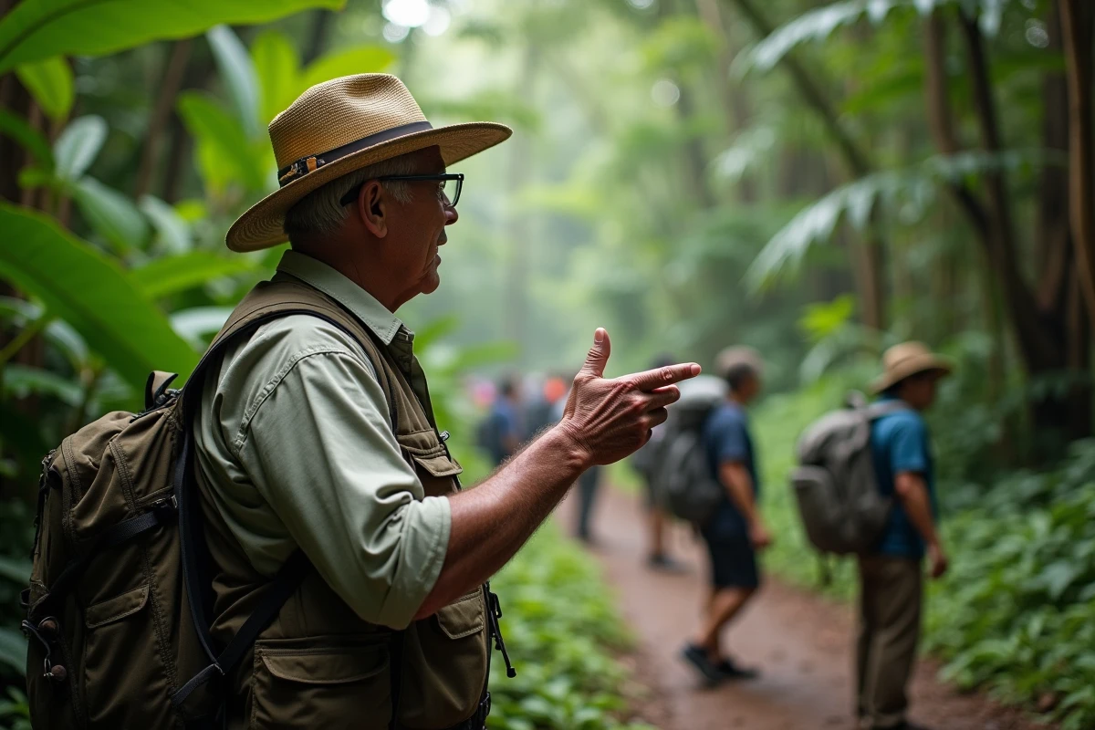 Guide local indiquant un sentier en forêt dense en Guyane