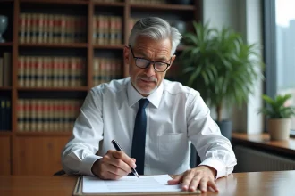 Homme d'affaires relisant un contrat juridique avec un stylo plume sur un bureau en chêne dans un bureau professionnel