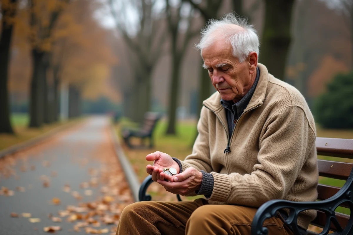 Homme âgé comptant quelques pièces de monnaie sur un banc de parc en automne, évoquant la notion de ressources qui s'amenuisent progressivement