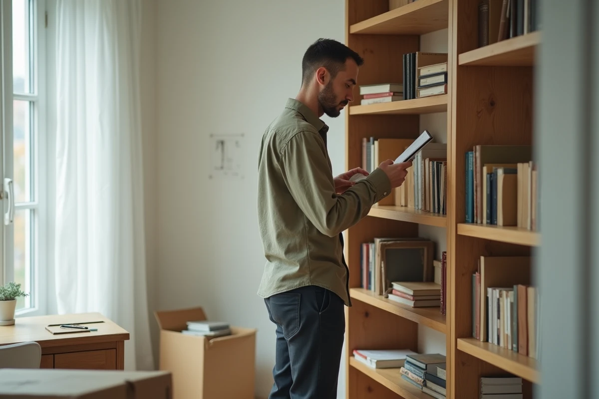 Homme devant une bibliothèque presque vide dans un bureau épuré, symbolisant la diminution progressive des possessions au fil du temps