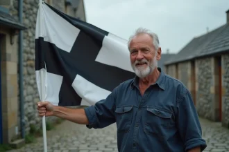 Homme breton tenant fièrement le drapeau Gwenn-ha-Du dans un village en pierre de Bretagne