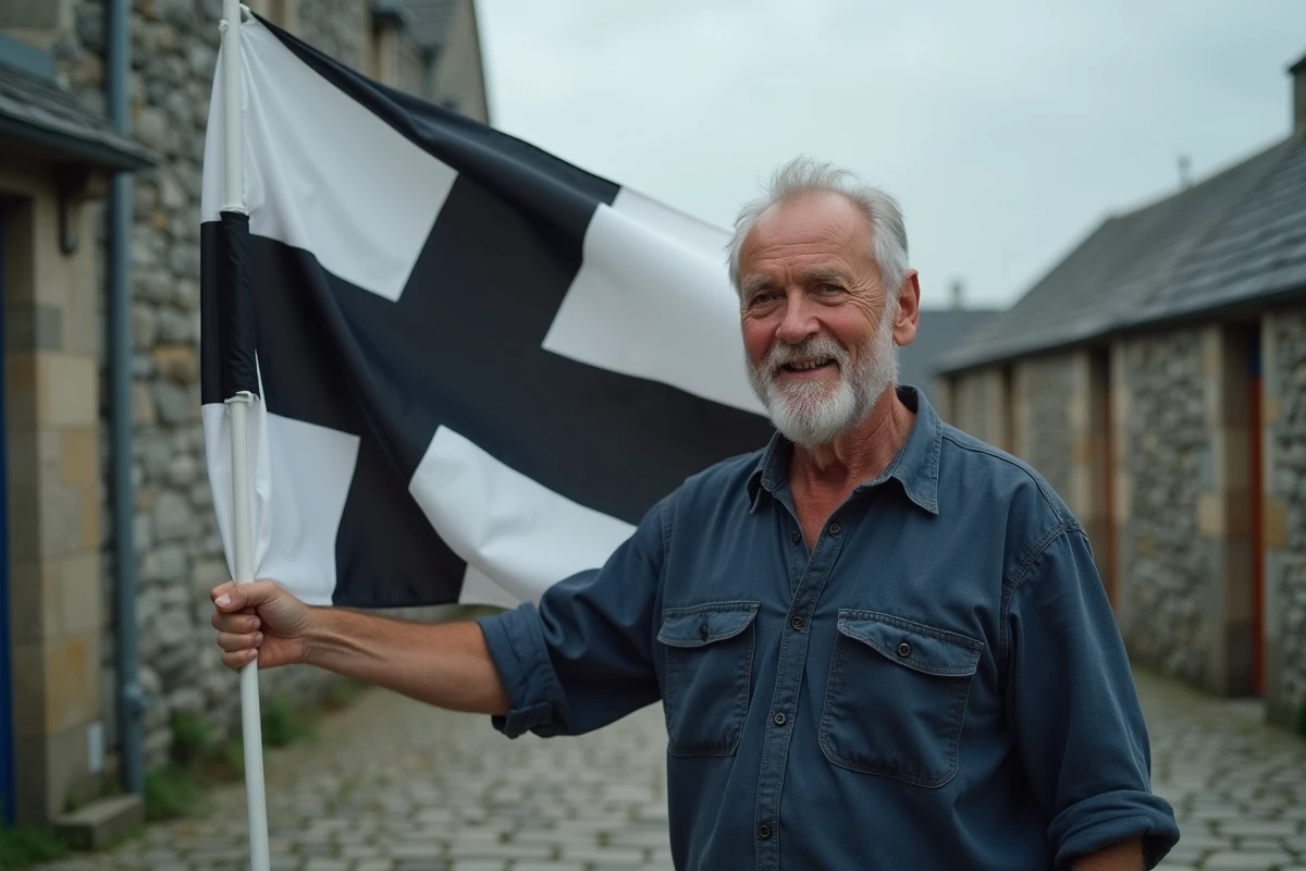 Homme breton tenant fièrement le drapeau Gwenn-ha-Du dans un village en pierre de Bretagne