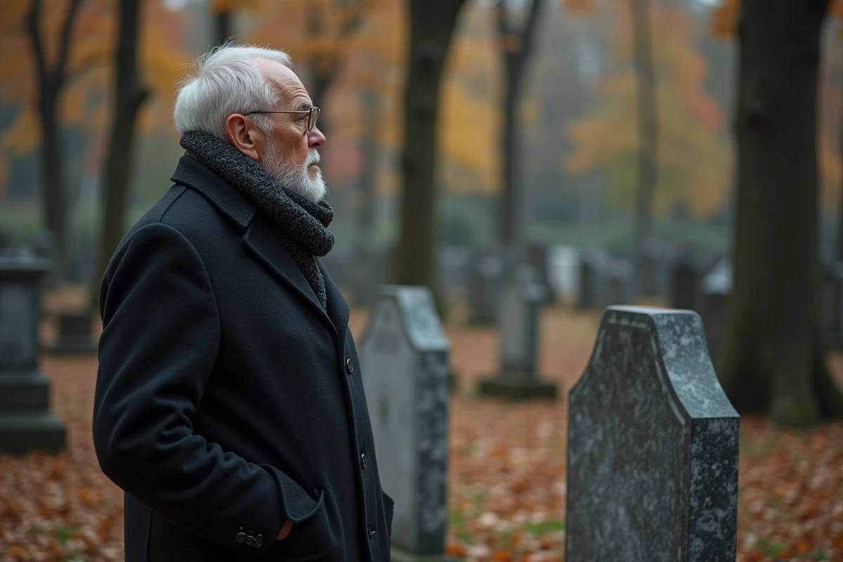 Homme âgé dans un cimetière en automne