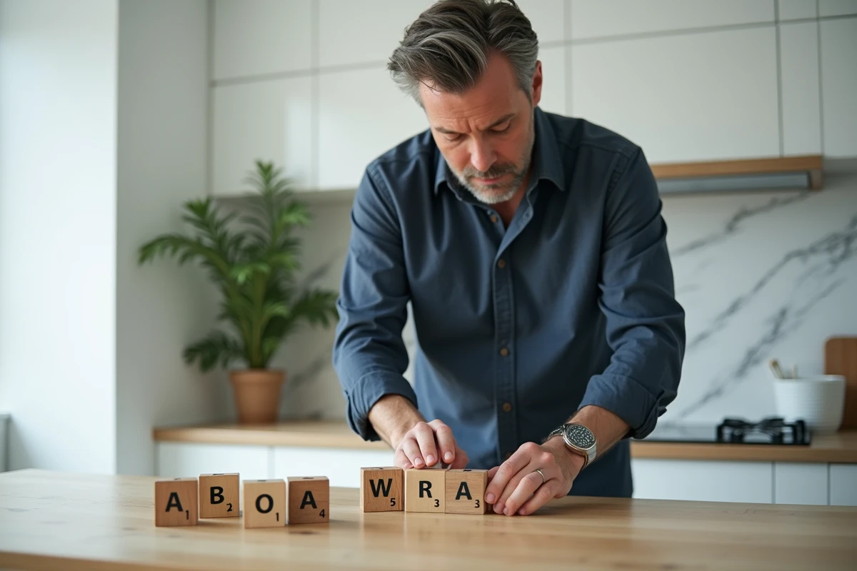 Homme arrangeant des cubes alphabet en bois avec lettres majuscules sur une table de cuisine style scandinave