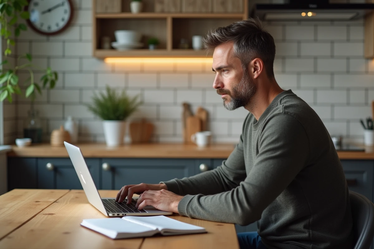 Homme dans la cuisine saisissant des données sur son ordinateur