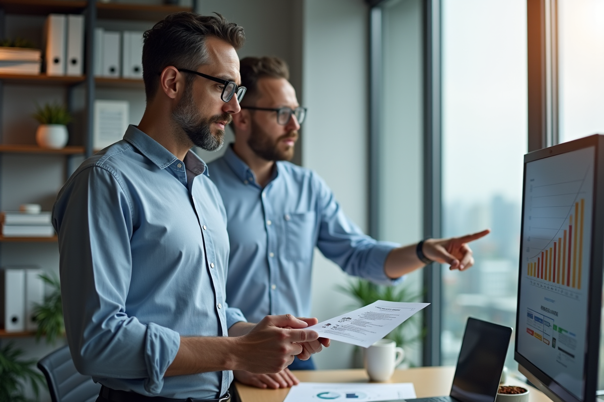 Homme d age moyen discutant avec un collègue devant un écran