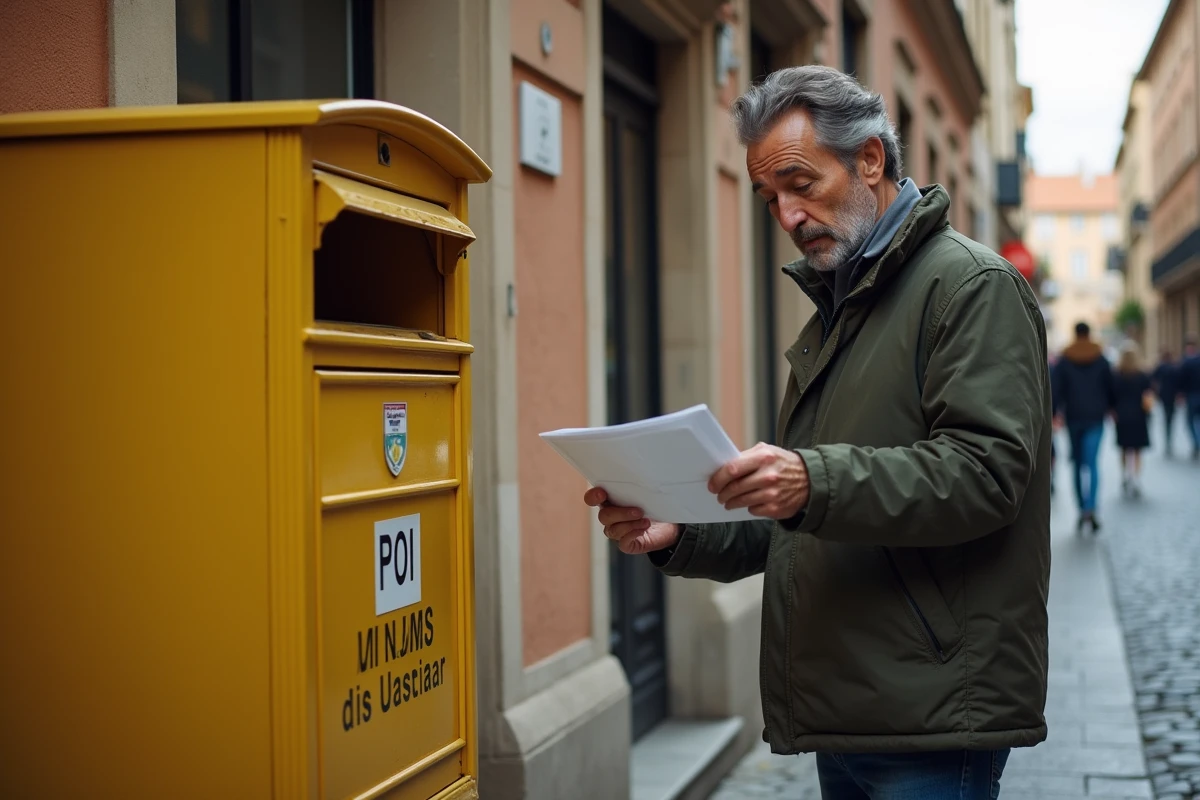 Homme vérifiant une adresse sur une enveloppe devant une boîte aux lettres jaune dans une rue de Toulouse