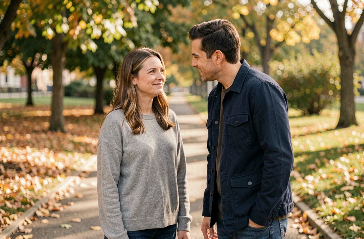 Homme et femme en conversation dans un parc en automne, langage corporel ambigu évoquant une déclaration amoureuse hésitante