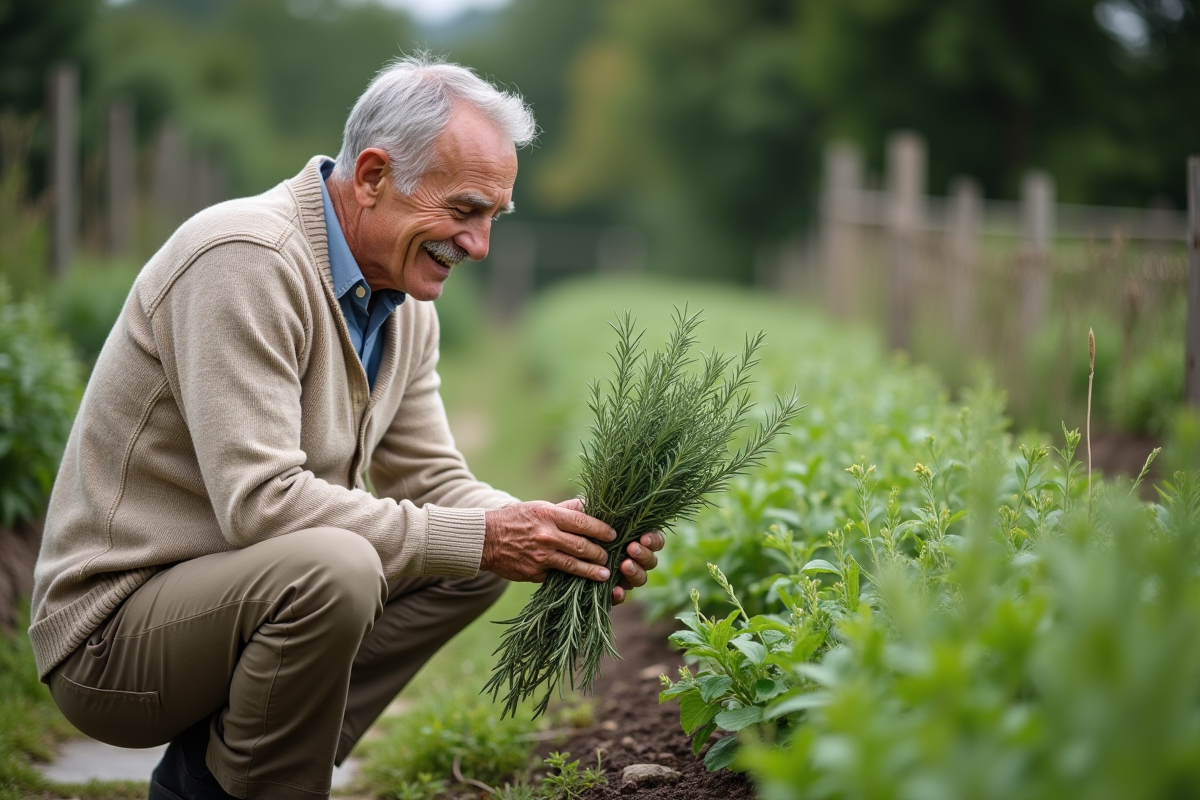 Homme âgé récoltant du romarin dans un jardin d