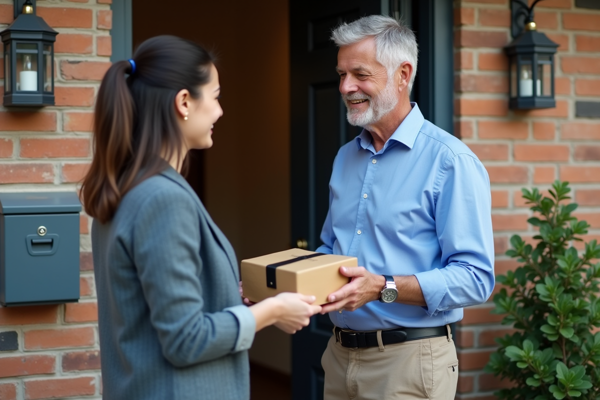 Homme confiant remet un colis à une femme devant sa porte