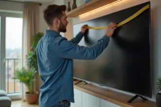 Jeune homme en bleu mesure un écran 4K dans un salon moderne