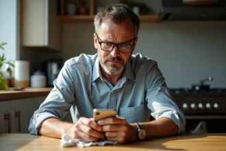 Homme d'âge moyen nettoyant un vieux téléphone portable