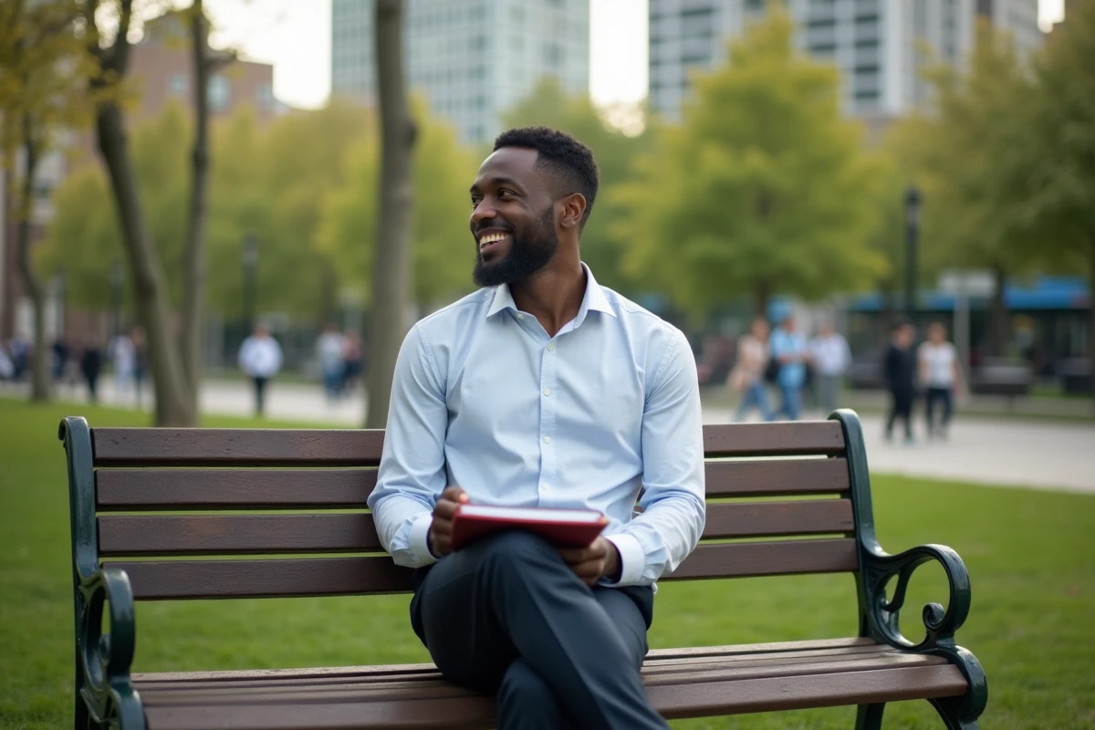 Homme noir assis dans un parc en riant avec un carnet