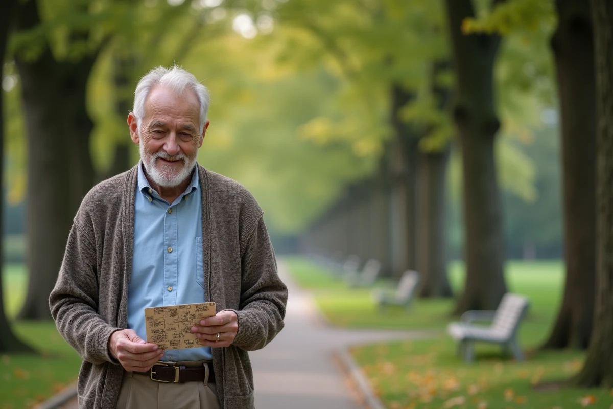 Homme âgé marchant dans un parc avec un puzzle plié