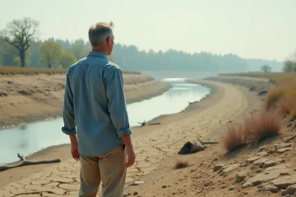 Homme d'âge moyen sur lit de rivière asséché contemplant le paysage