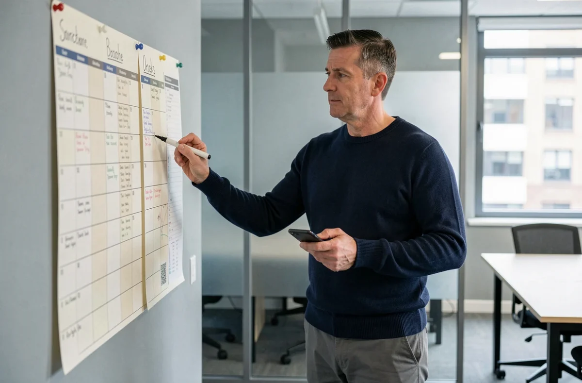 Homme consultant un planning mural des semaines paires 2026 dans un bureau moderne