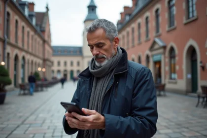 Homme d'âge moyen vérifiant les horaires de prière avec smartphone à Valenciennes