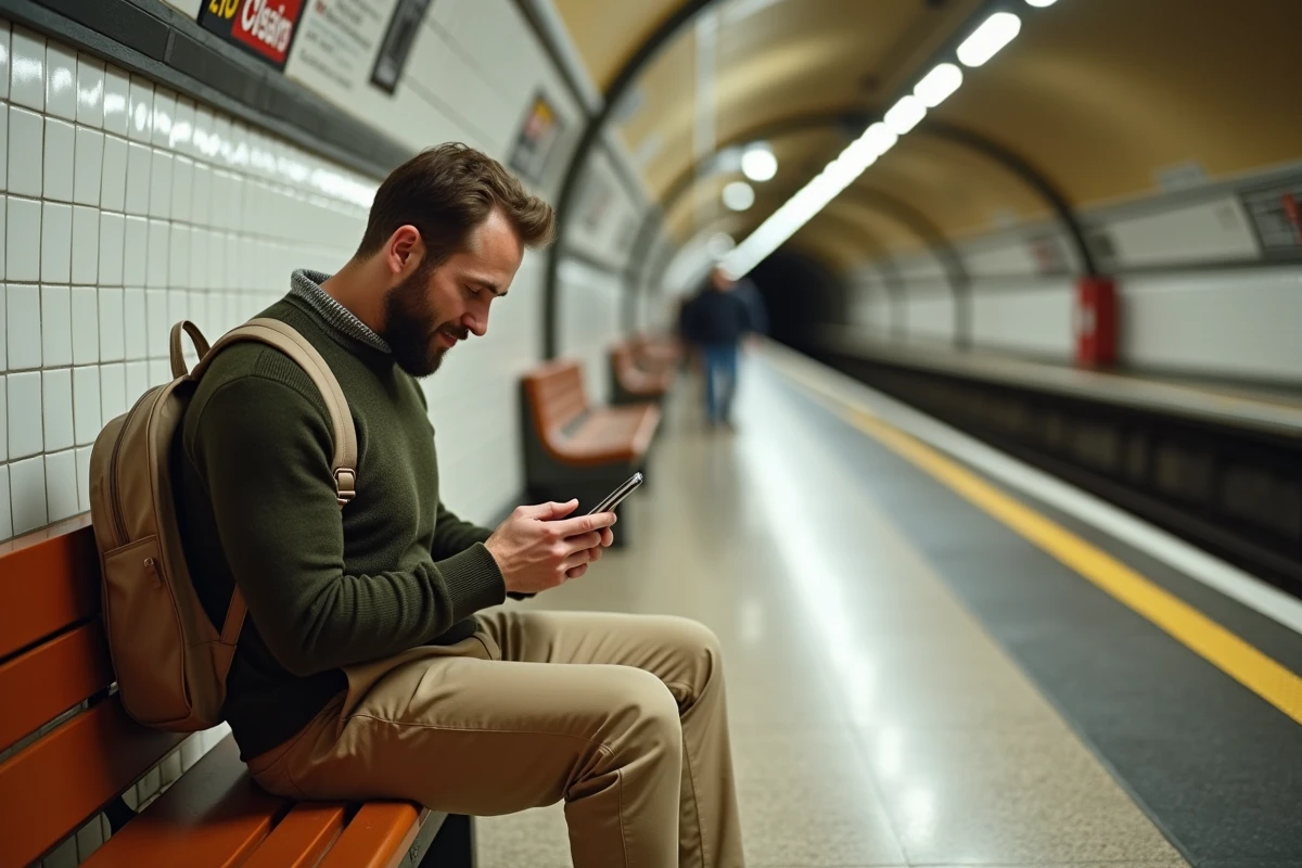 Homme seul sur un banc de quai vide du métro parisien ligne 6 consultant une application de trajets sur smartphone