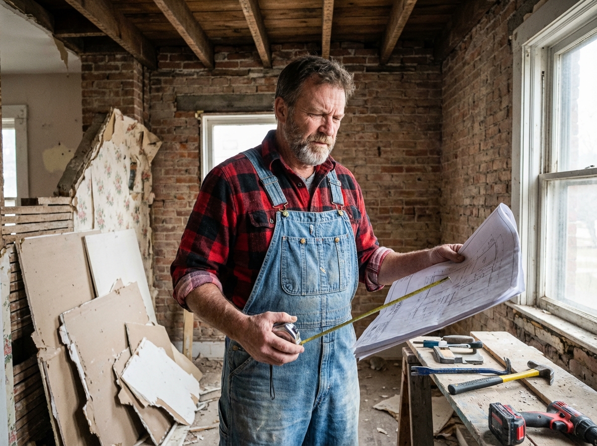 Ouvrier mesurant plans dans maison en rénovation