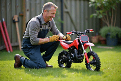 Homme en salopette vérifiant une mini moto dans le jardin