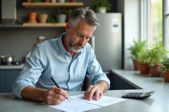 Homme d'âge moyen vérifiant ses factures à la maison