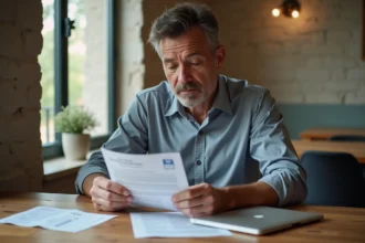 Homme d'âge moyen consulte un relevé bancaire et un livret A