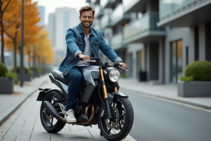 Homme souriant en denim et sneakers rétro sur moto 125 Dax