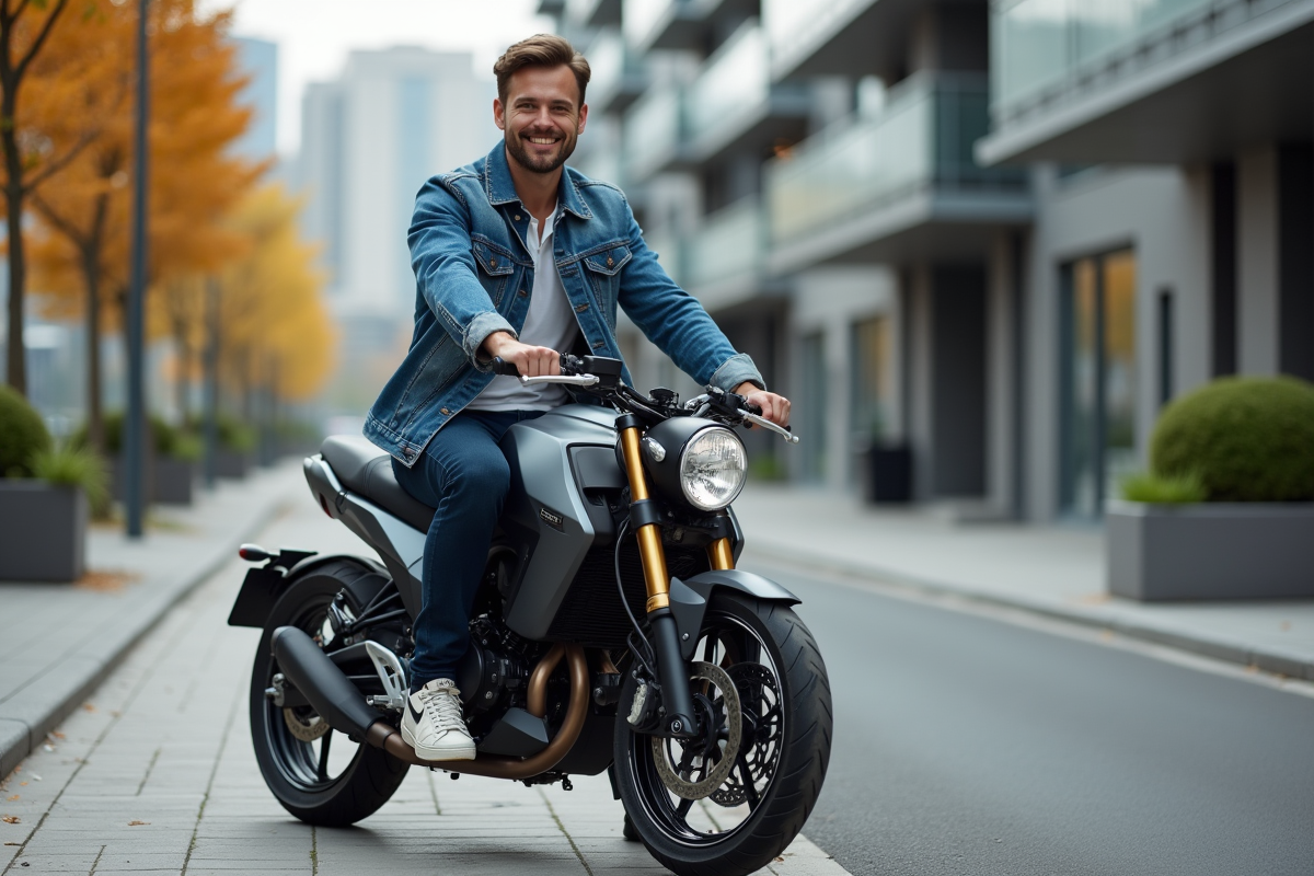 Homme souriant en denim et sneakers rétro sur moto 125 Dax