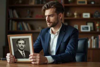 Jeune homme en costume tenant une photo vintage