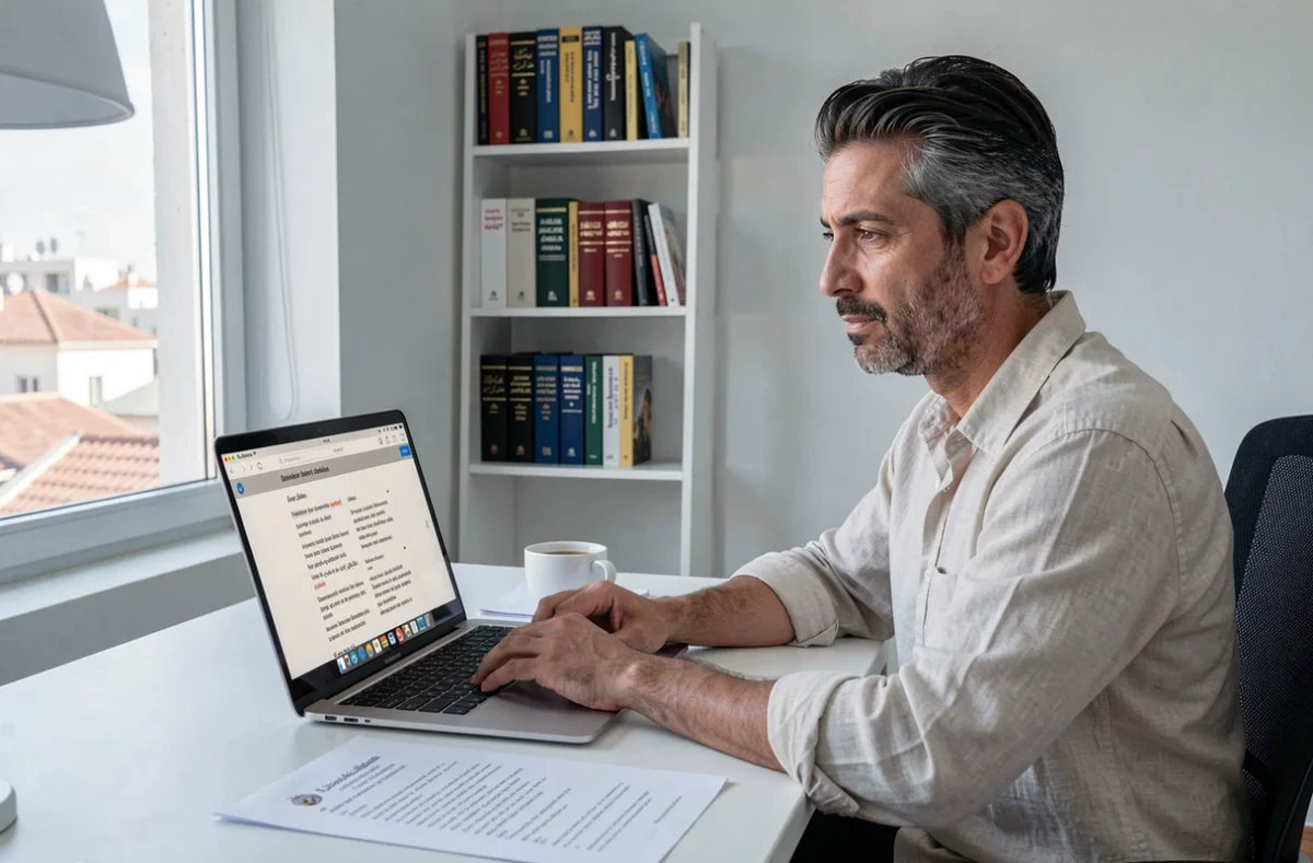 Homme utilisant un traducteur en ligne français-darija marocaine sur ordinateur portable dans un appartement moderne de Casablanca