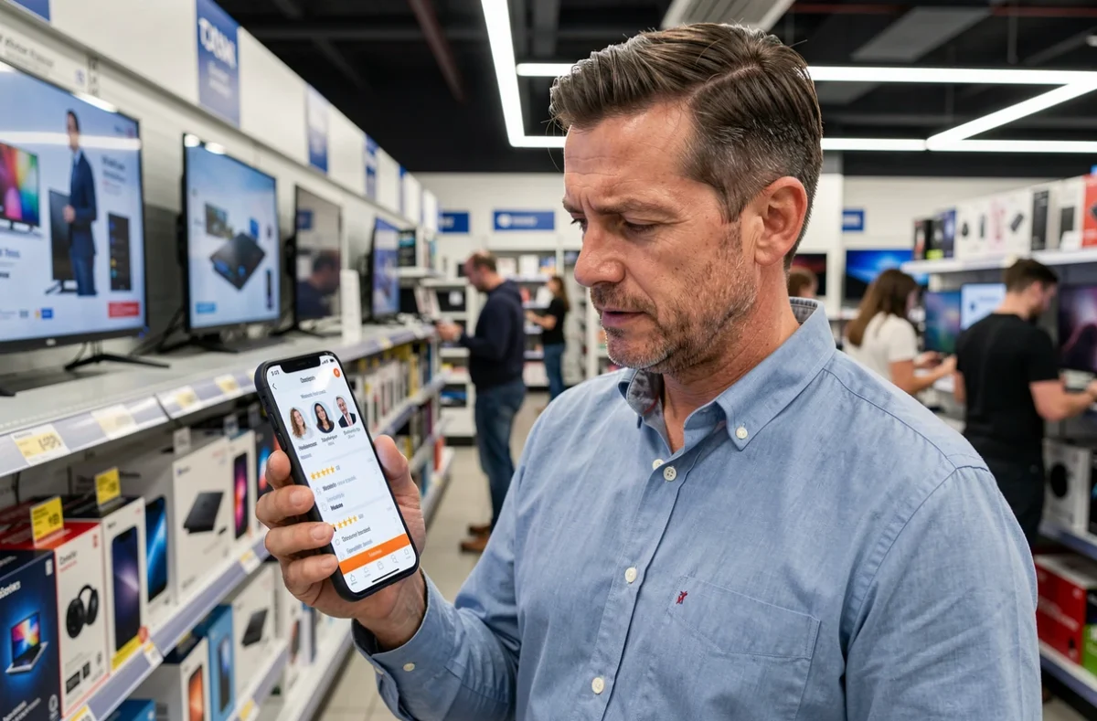 Homme vérifiant les notes et avis clients sur son smartphone dans un magasin avant un achat